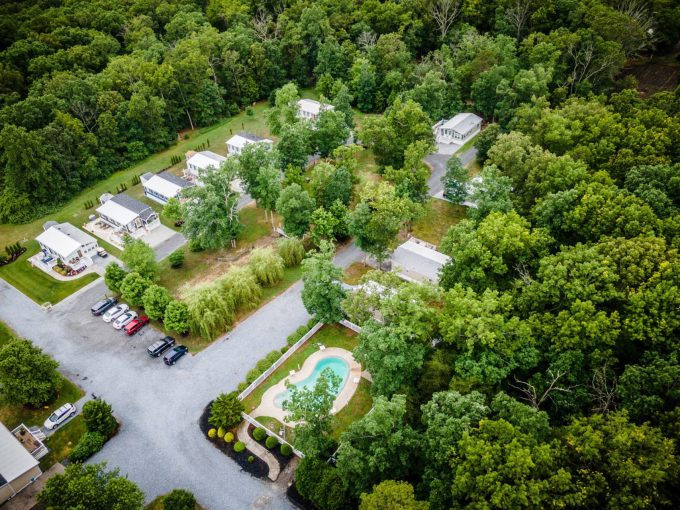 aerial view of the homes and swimming pool at Carol Lynn Resorts East